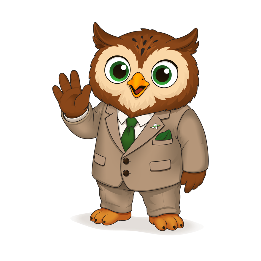 Aboo, the A-Express mascot, waving hello
